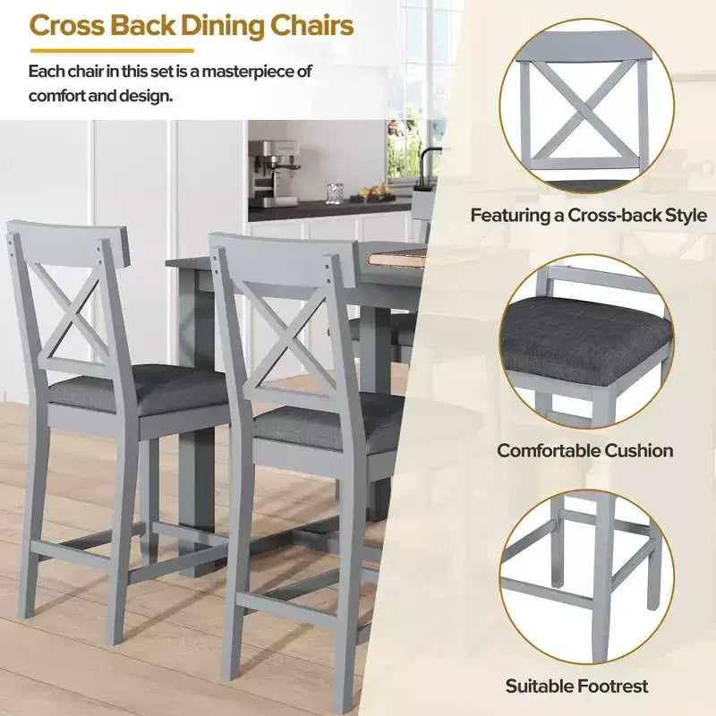Ensemble de salle à manger 5 pièces style ferme, hauteur comptoir, avec 4 chaises rembourrées et étagères de rangement à 3 niveaux, gris/naturel + blanc - ModernLuxe