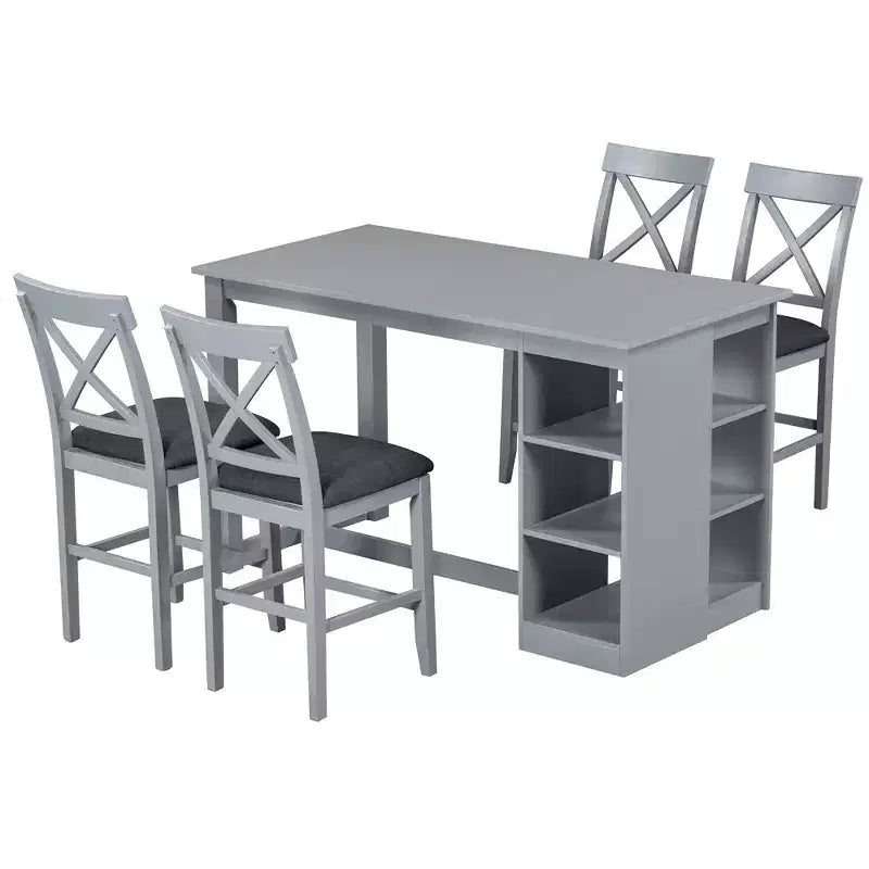 Ensemble de salle à manger 5 pièces style ferme, hauteur comptoir, avec 4 chaises rembourrées et étagères de rangement à 3 niveaux, gris/naturel + blanc - ModernLuxe