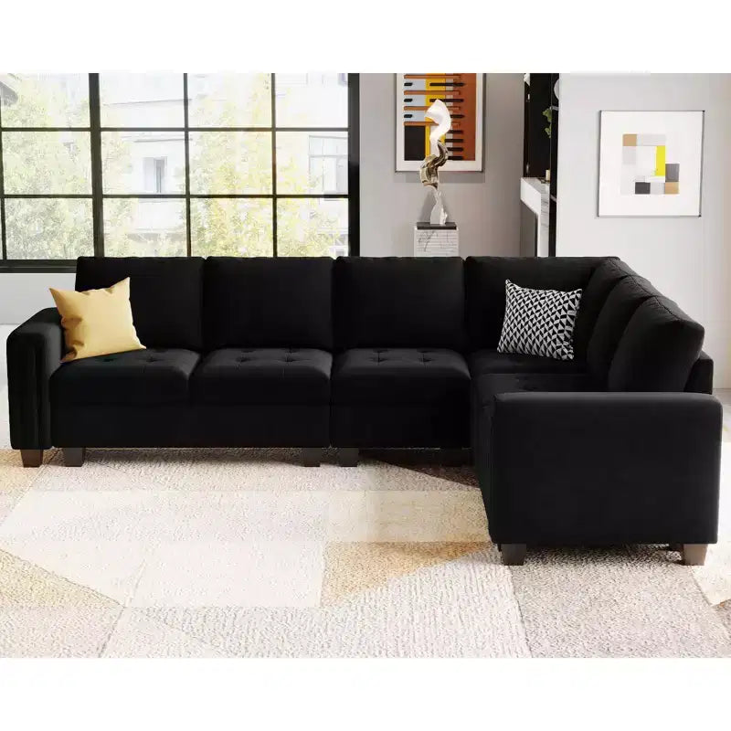 Canapé d'angle modulable en velours tufté Belffin avec méridienne réversible, ensemble de canapés modulables convertibles avec pouf de rangement