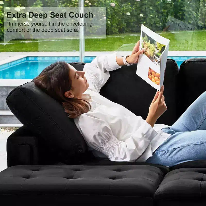 Canapé d'angle modulable en velours tufté Belffin avec méridienne réversible, ensemble de canapés modulables convertibles avec pouf de rangement