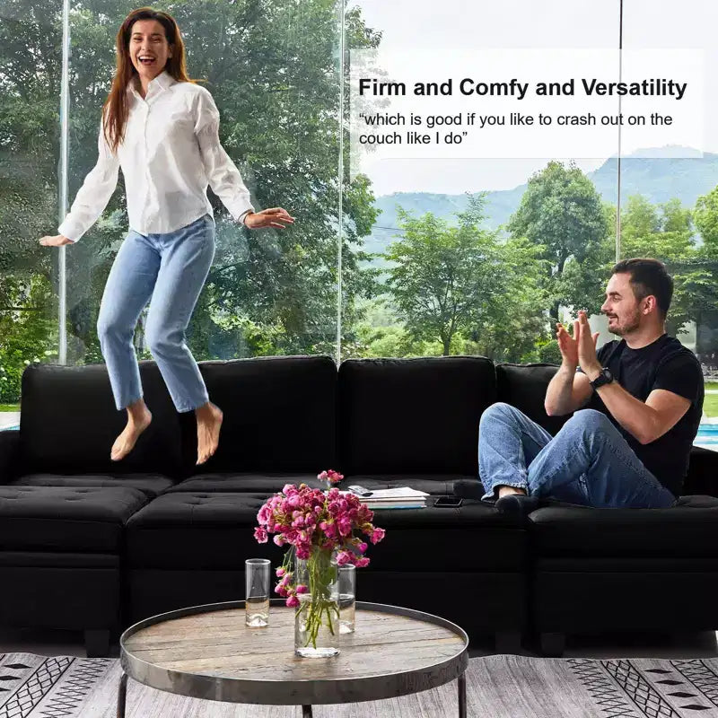 Canapé d'angle modulable en velours tufté Belffin avec méridienne réversible, ensemble de canapés modulables convertibles avec pouf de rangement