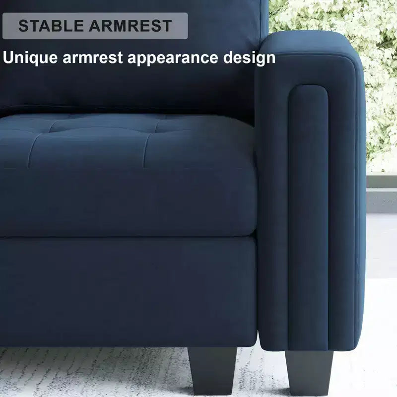 Canapé d'angle modulable en velours tufté Belffin avec méridienne réversible, ensemble de canapés modulables convertibles avec pouf de rangement