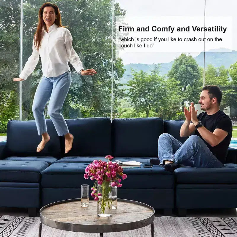Canapé d'angle modulable en velours tufté Belffin avec méridienne réversible, ensemble de canapés modulables convertibles avec pouf de rangement