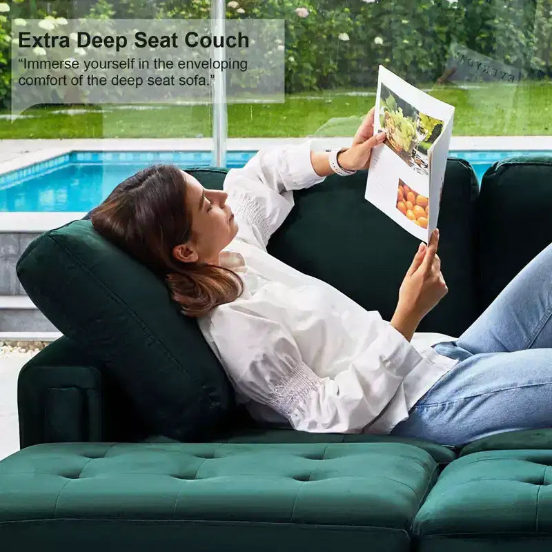 Canapé d'angle modulable en velours tufté Belffin avec méridienne réversible, ensemble de canapés modulables convertibles avec pouf de rangement