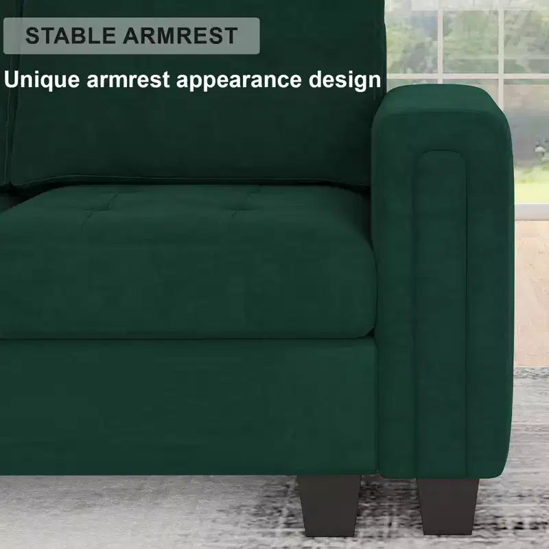 Canapé d'angle modulable en velours tufté Belffin avec méridienne réversible, ensemble de canapés modulables convertibles avec pouf de rangement