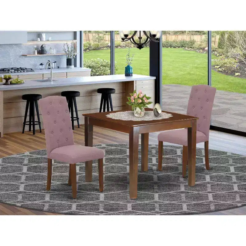 Ensemble de salle à manger 3 pièces - Table de cuisine carrée et 2 chaises Parsons - Fini acajou