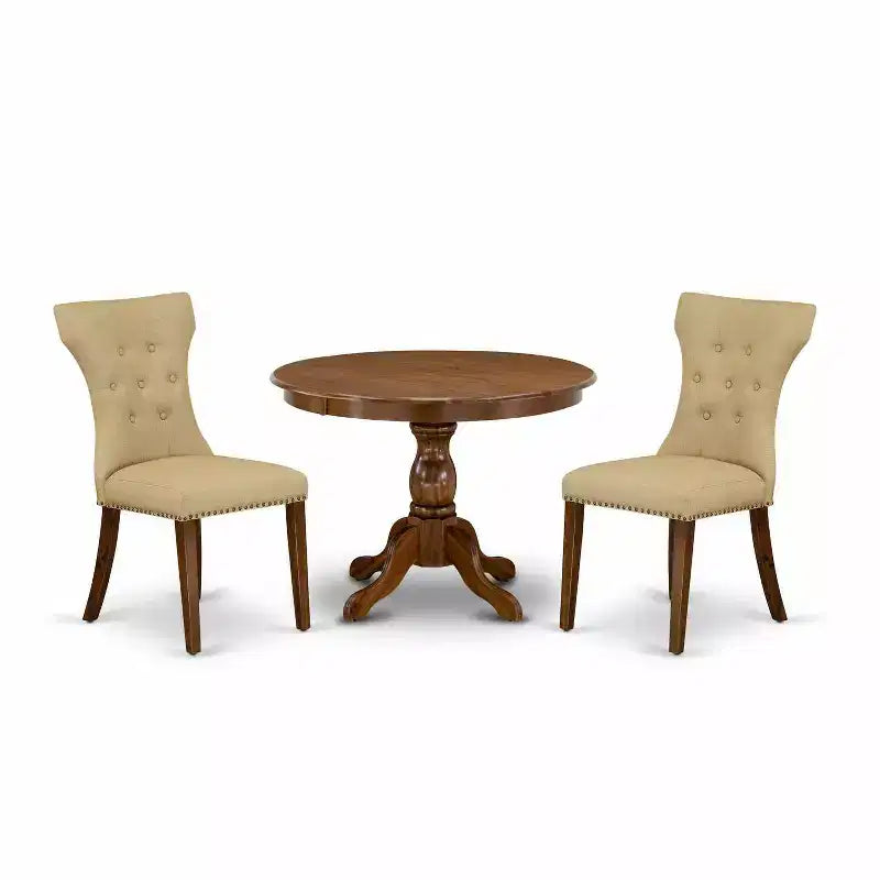 3-Piece Acacia Walnut Finish Solid Wood Top - Button Tufted Dining Room Set - Seats 4