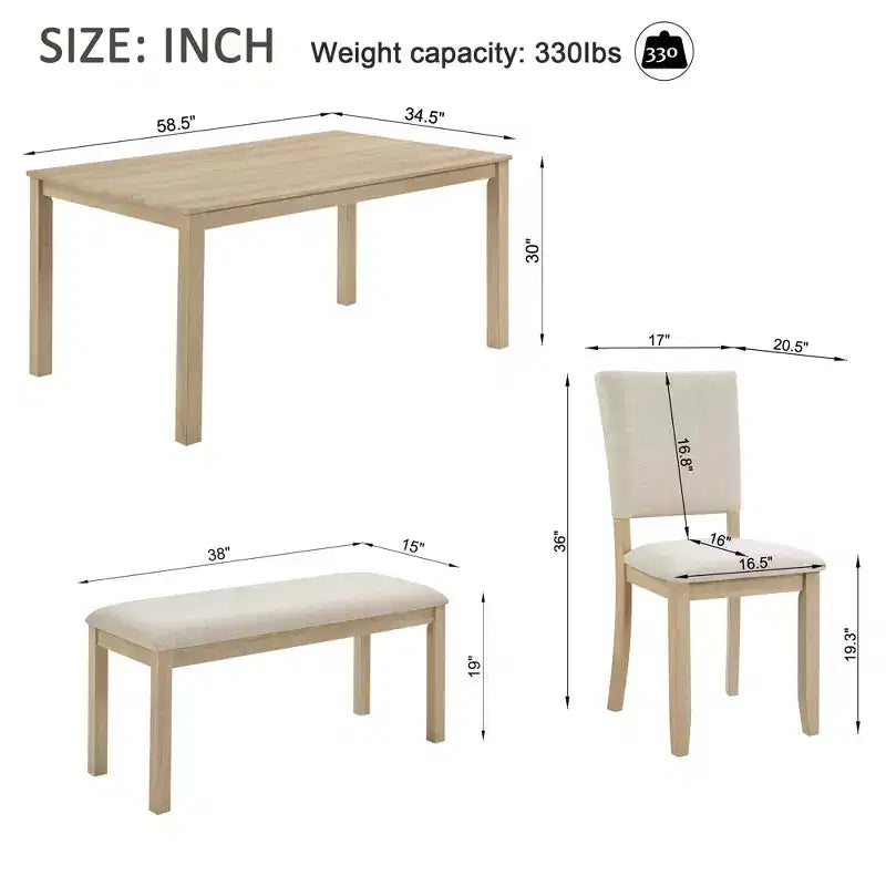 Ensemble de salle à manger moderne 6 pièces Fen de GDFStudio avec table rectangulaire en bois, 1 banc et 4 chaises rembourrées en lin