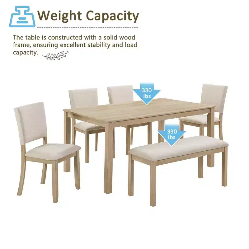 Ensemble de salle à manger moderne 6 pièces Fen de GDFStudio avec table rectangulaire en bois, 1 banc et 4 chaises rembourrées en lin