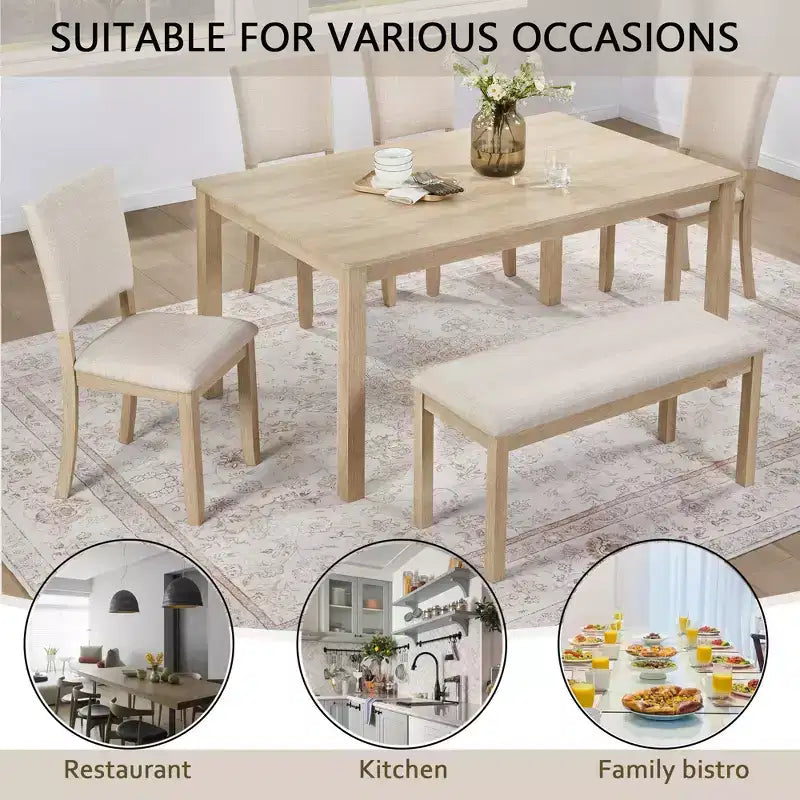 Ensemble de salle à manger moderne 6 pièces Fen de GDFStudio avec table rectangulaire en bois, 1 banc et 4 chaises rembourrées en lin
