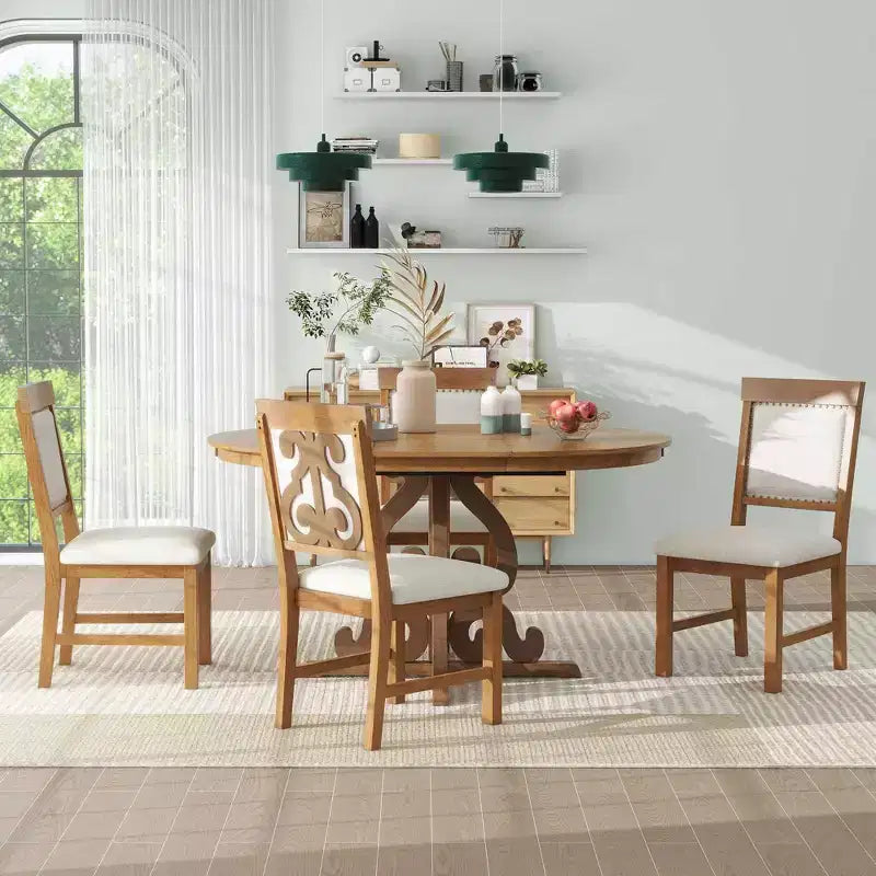 Ensemble de table de cuisine style ferme pour 4 personnes, table à manger ronde extensible en bois et 4 chaises rembourrées, ensemble de salle à manger rétro pour cuisine