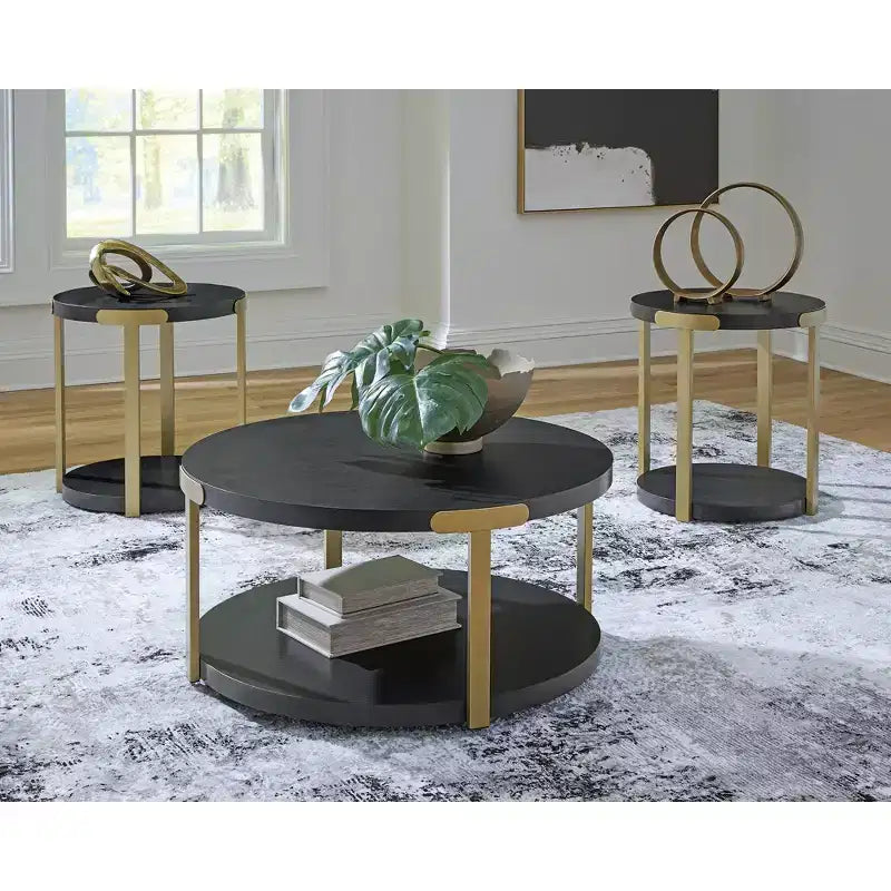 Signature Design by Ashley Shylore Occasional Table Set, Coffee Table and 2 End Tables, Black Wood Grain with Goldtone Metal