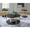 Signature Design by Ashley Shylore Occasional Table Set, Coffee Table and 2 End Tables, Black Wood Grain with Goldtone Metal