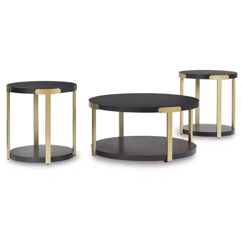 Ensemble de tables d'appoint Signature Design by Ashley Shylore, table basse et 2 bouts de canapé, effet bois noir et métal doré