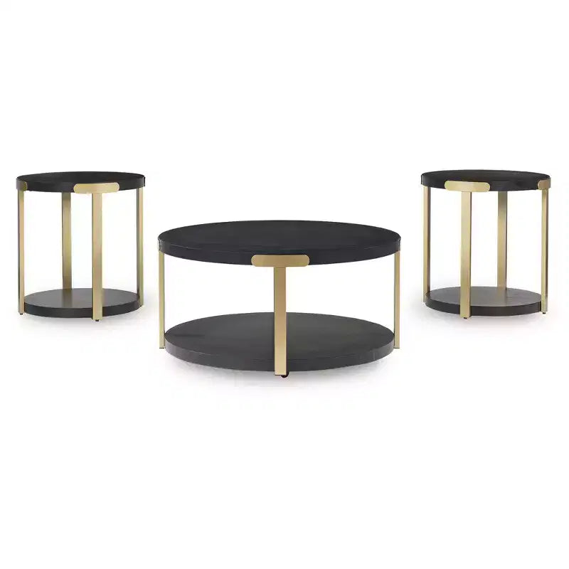 Ensemble de tables d'appoint Signature Design by Ashley Shylore, table basse et 2 bouts de canapé, effet bois noir et métal doré