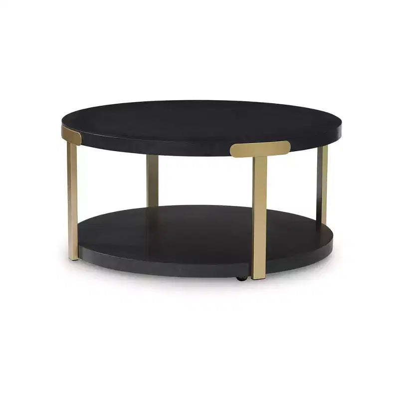 Ensemble de tables d'appoint Signature Design by Ashley Shylore, table basse et 2 bouts de canapé, effet bois noir et métal doré
