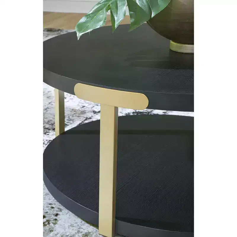 Ensemble de tables d'appoint Signature Design by Ashley Shylore, table basse et 2 bouts de canapé, effet bois noir et métal doré