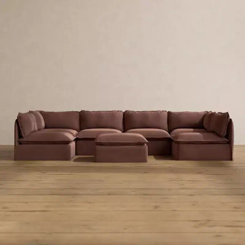 Canapé d'angle en U Anabei modulaire lavable 6 places avec extrémités ouvertes + Pouf | Siège Memorix+ et oreiller profilé