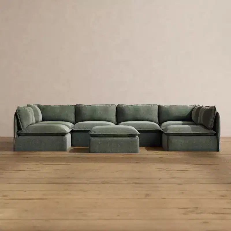Canapé d'angle en U Anabei modulaire lavable 6 places avec extrémités ouvertes + Pouf | Siège Memorix+ et oreiller profilé