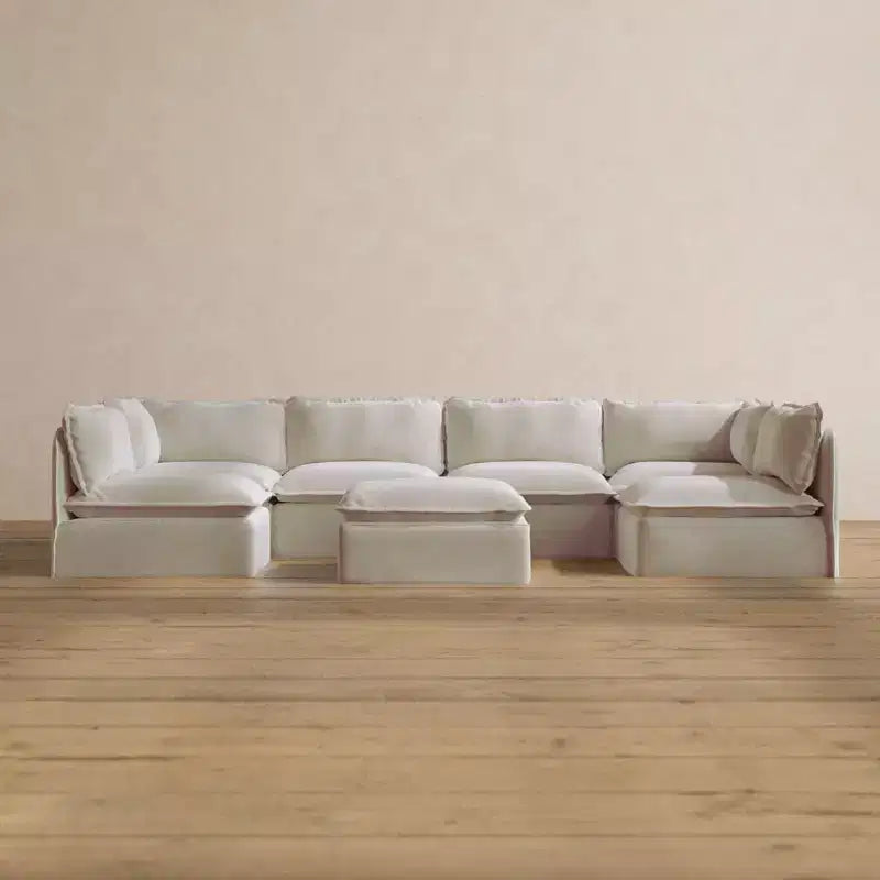 Canapé d'angle en U Anabei modulaire lavable 6 places avec extrémités ouvertes + Pouf | Siège Memorix+ et oreiller profilé