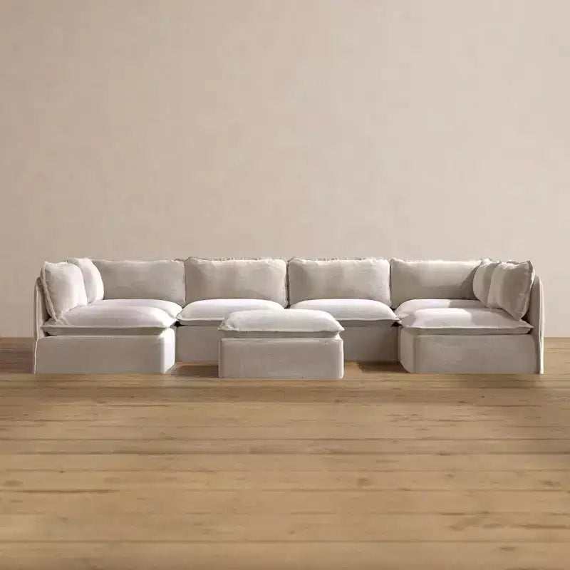 Canapé d'angle en U Anabei modulaire lavable 6 places avec extrémités ouvertes + Pouf | Siège Memorix+ et oreiller profilé