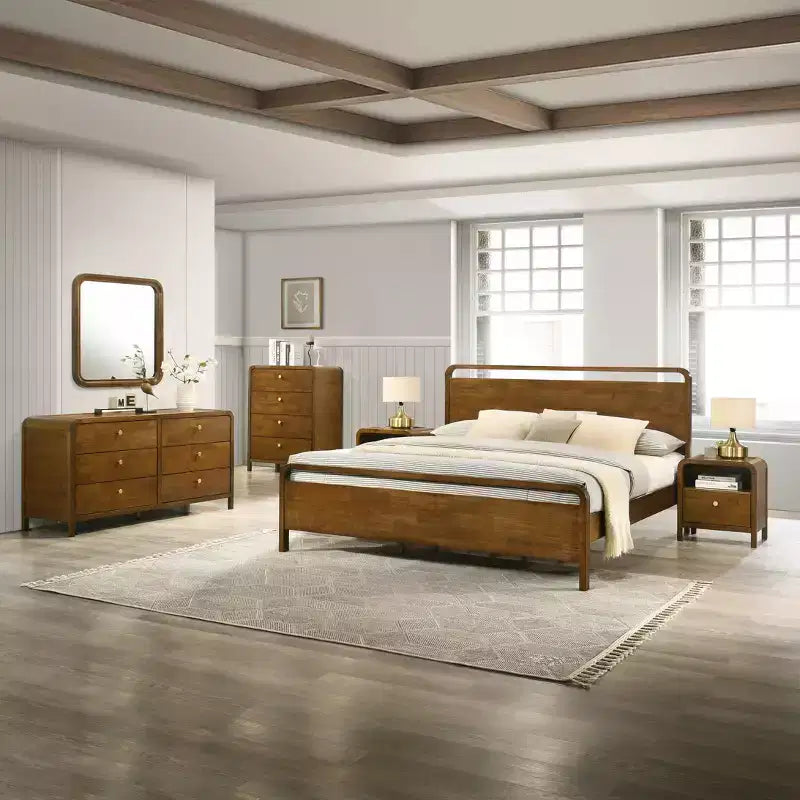 Roundhill Furniture Eldren Wood Bedroom Set, Platform Bed with Dresser, Mirror, Two Nightstands, Chest in Walnut Finish