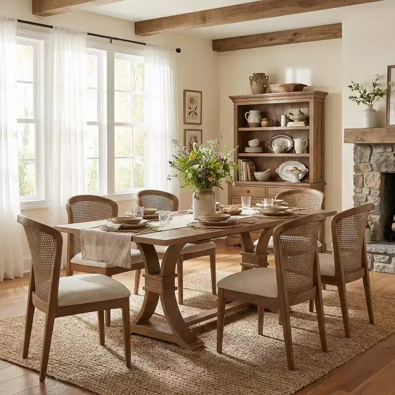 Ensemble de salle à manger extensible 7 pièces Elowen Christopher Knight Home en bois d'hévéa de style fermier avec chaises rembourrées en tissu rotin