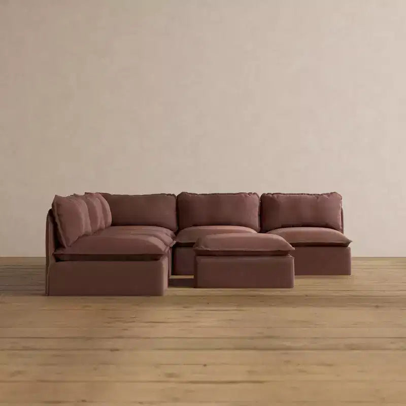 Canapé d'angle modulable lavable 5 places à extrémités ouvertes Anabei + Ottoman | Assise Memorix+ et coussin profilé