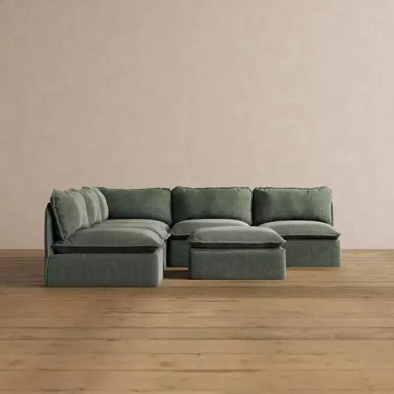Canapé d'angle modulable lavable 5 places à extrémités ouvertes Anabei + Ottoman | Assise Memorix+ et coussin profilé