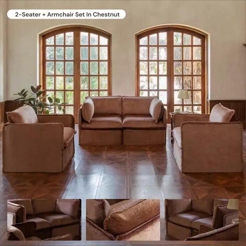 Canapé 2 places modulaire lavable Anabei + Pouf | Assise Memorix+ et oreiller profilé