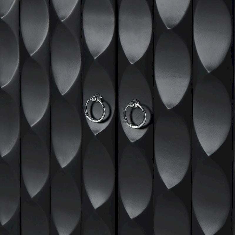 Buffet 4 portes moderne avec portes à motif convexe et 2 poignées argentées pour salon, salle à manger, cuisine (Noir)