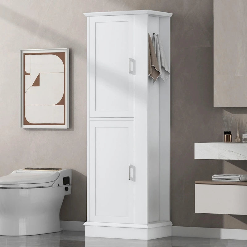 Meuble haut de salle de bain avec deux crochets porte-serviettes, étagères réglables et porte à ouverture gauche ou droite