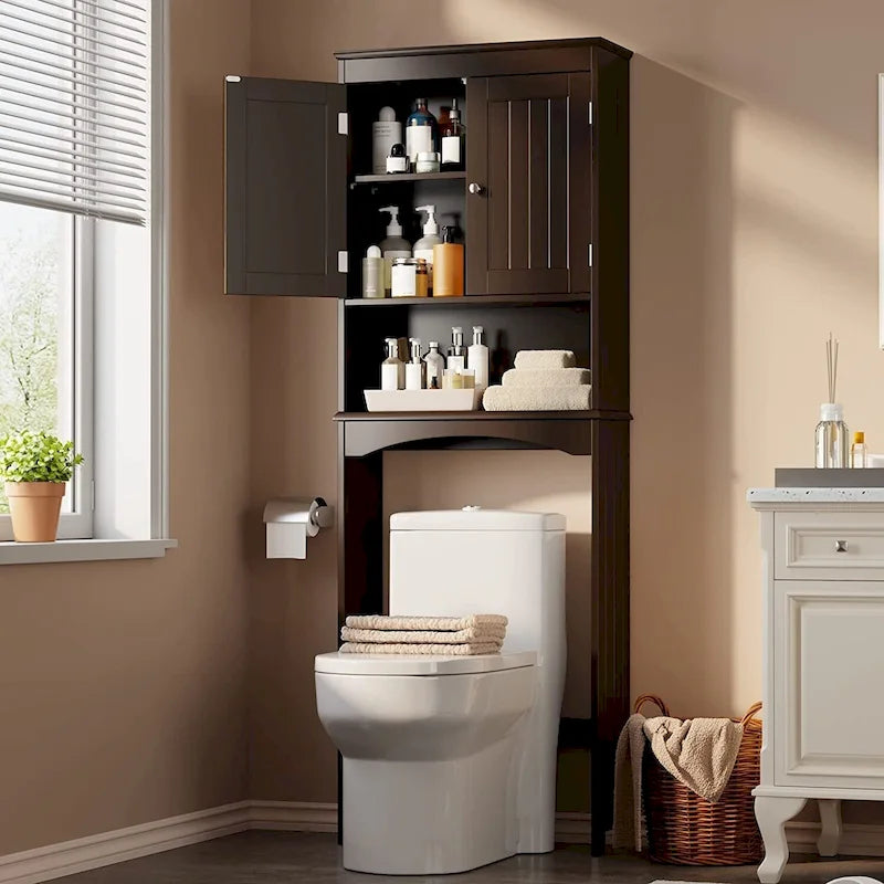 Meuble de rangement WC au-dessus des toilettes avec étagère réglable et portes doubles, étagère de toilettes autoportante en bois plus haute