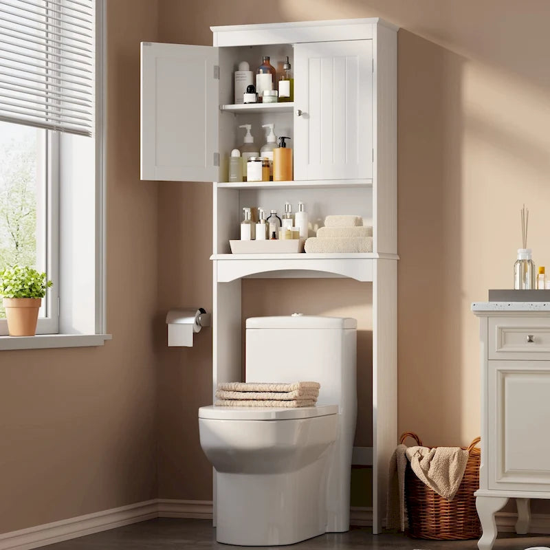 Meuble de rangement WC au-dessus des toilettes avec étagère réglable et portes doubles, étagère de toilettes autoportante en bois plus haute