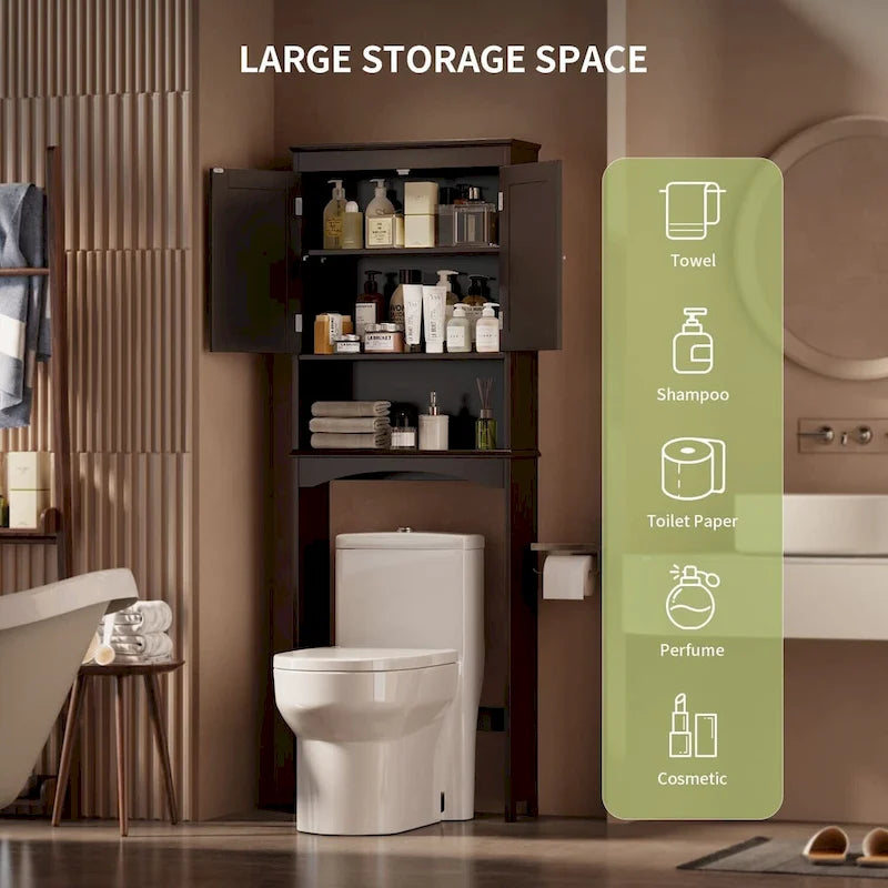 Meuble de rangement WC au-dessus des toilettes avec étagère réglable et portes doubles, étagère de toilettes autoportante en bois plus haute