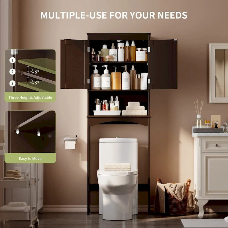 Meuble de rangement WC au-dessus des toilettes avec étagère réglable et portes doubles, étagère de toilettes autoportante en bois plus haute