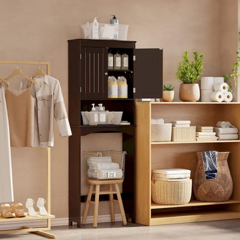 Meuble de rangement WC au-dessus des toilettes avec étagère réglable et portes doubles, étagère de toilettes autoportante en bois plus haute