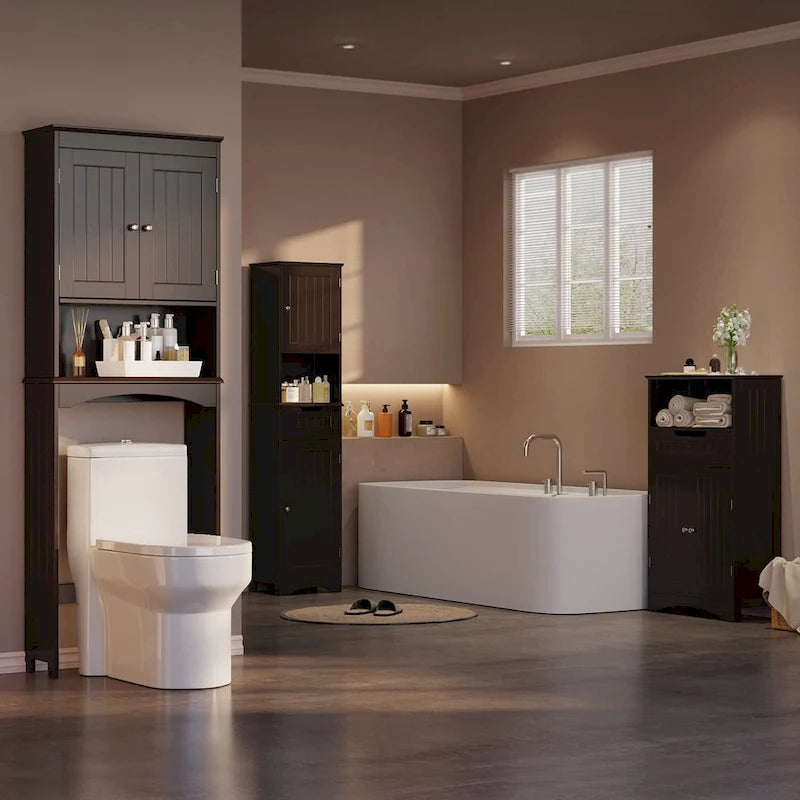 Meuble de rangement WC au-dessus des toilettes avec étagère réglable et portes doubles, étagère de toilettes autoportante en bois plus haute