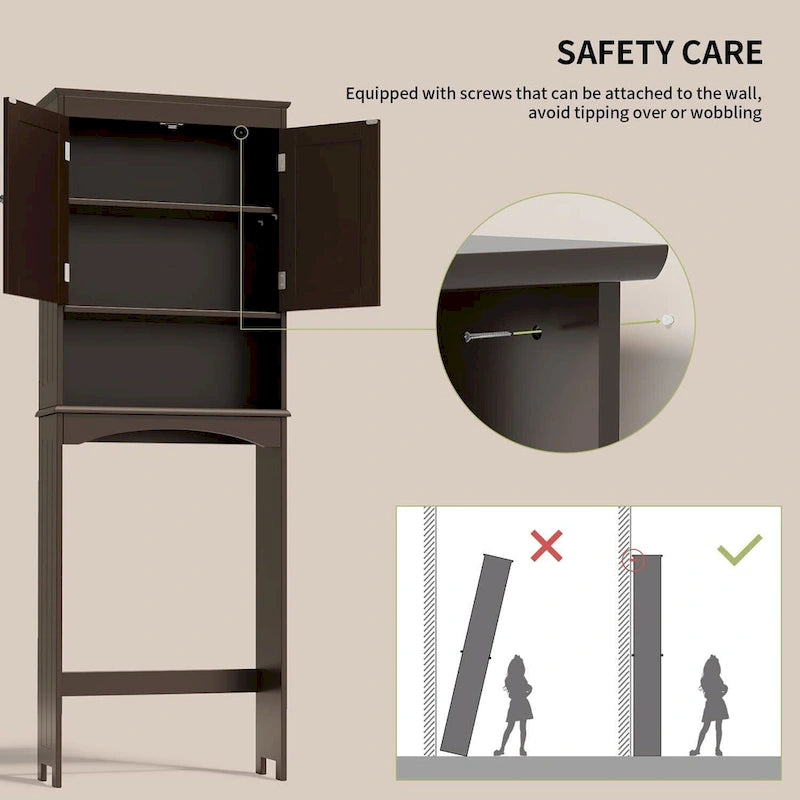 Meuble de rangement WC au-dessus des toilettes avec étagère réglable et portes doubles, étagère de toilettes autoportante en bois plus haute