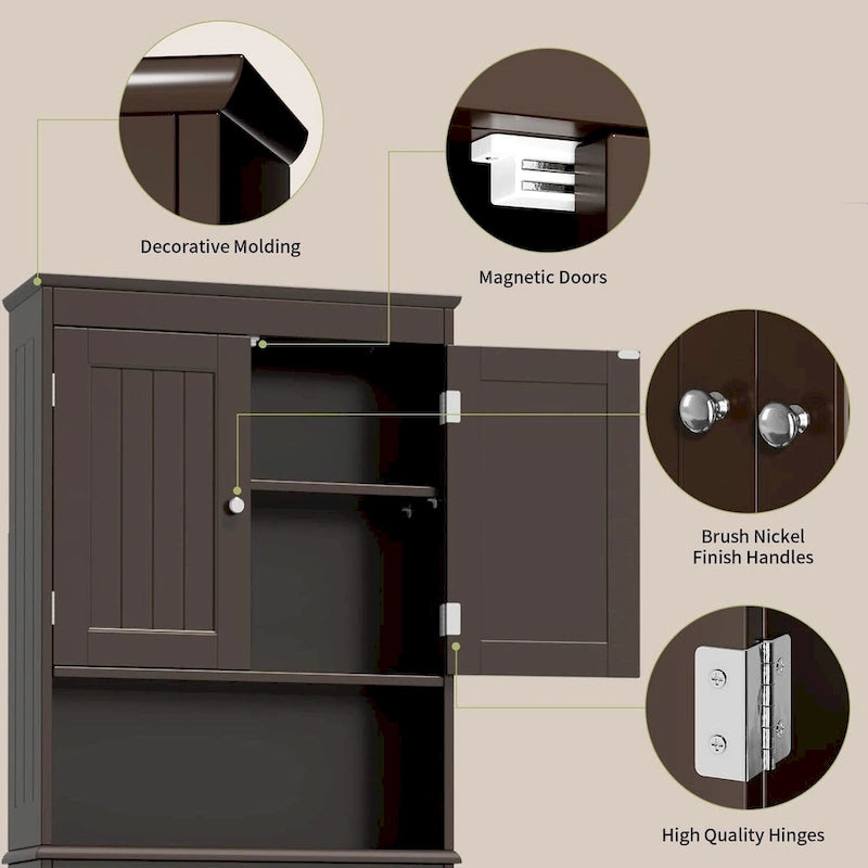 Meuble de rangement WC au-dessus des toilettes avec étagère réglable et portes doubles, étagère de toilettes autoportante en bois plus haute