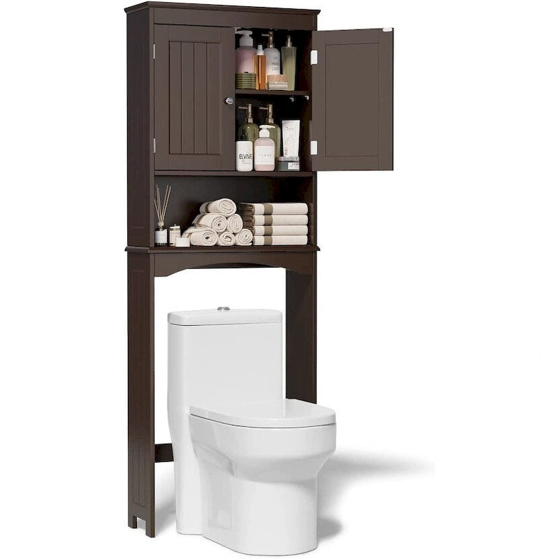 Meuble de rangement WC au-dessus des toilettes avec étagère réglable et portes doubles, étagère de toilettes autoportante en bois plus haute