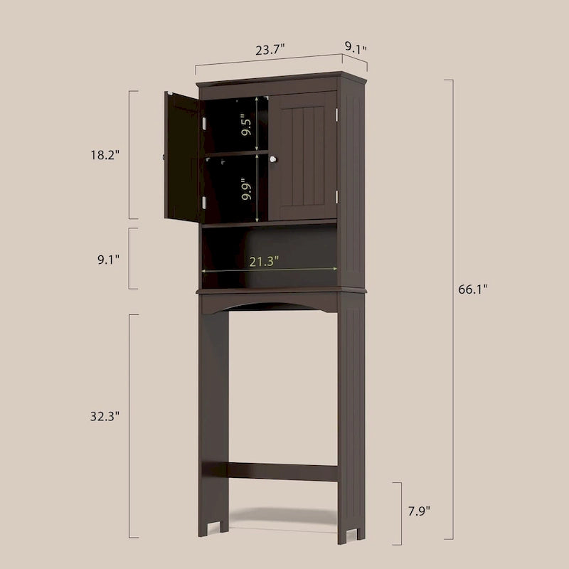 Meuble de rangement WC au-dessus des toilettes avec étagère réglable et portes doubles, étagère de toilettes autoportante en bois plus haute