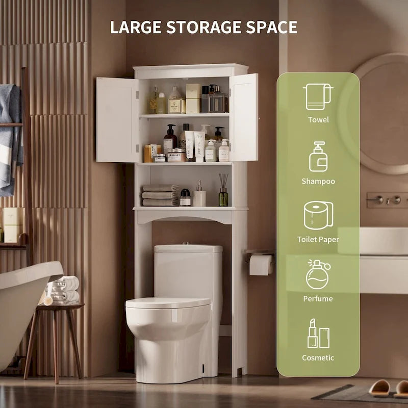 Meuble de rangement WC au-dessus des toilettes avec étagère réglable et portes doubles, étagère de toilettes autoportante en bois plus haute
