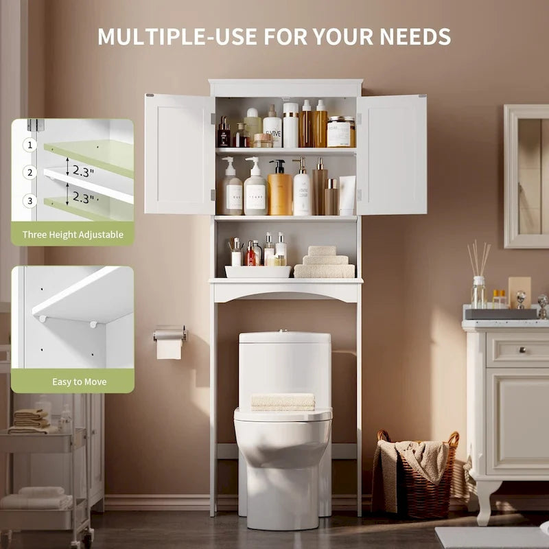 Meuble de rangement WC au-dessus des toilettes avec étagère réglable et portes doubles, étagère de toilettes autoportante en bois plus haute