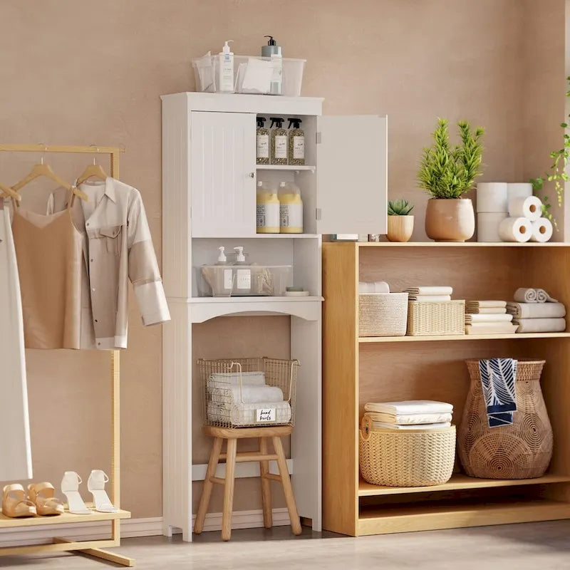 Meuble de rangement WC au-dessus des toilettes avec étagère réglable et portes doubles, étagère de toilettes autoportante en bois plus haute
