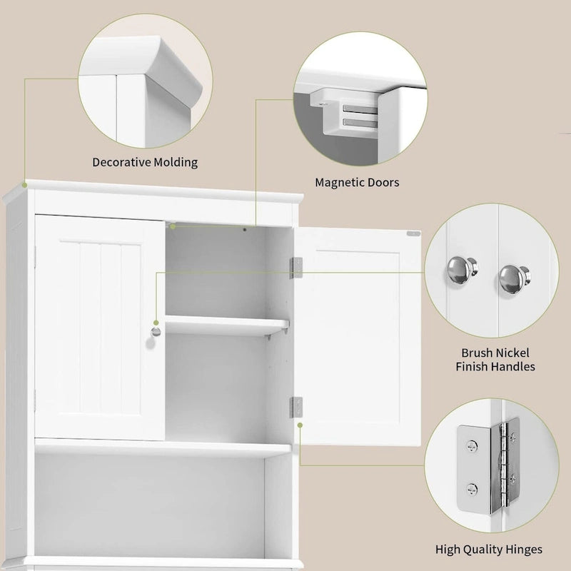 Meuble de rangement WC au-dessus des toilettes avec étagère réglable et portes doubles, étagère de toilettes autoportante en bois plus haute