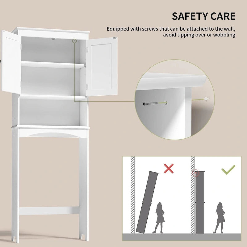 Meuble de rangement WC au-dessus des toilettes avec étagère réglable et portes doubles, étagère de toilettes autoportante en bois plus haute