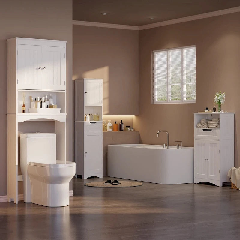 Meuble de rangement WC au-dessus des toilettes avec étagère réglable et portes doubles, étagère de toilettes autoportante en bois plus haute