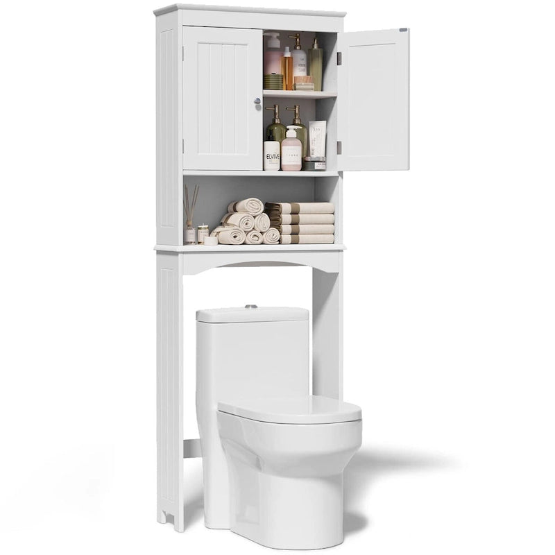 Meuble de rangement WC au-dessus des toilettes avec étagère réglable et portes doubles, étagère de toilettes autoportante en bois plus haute