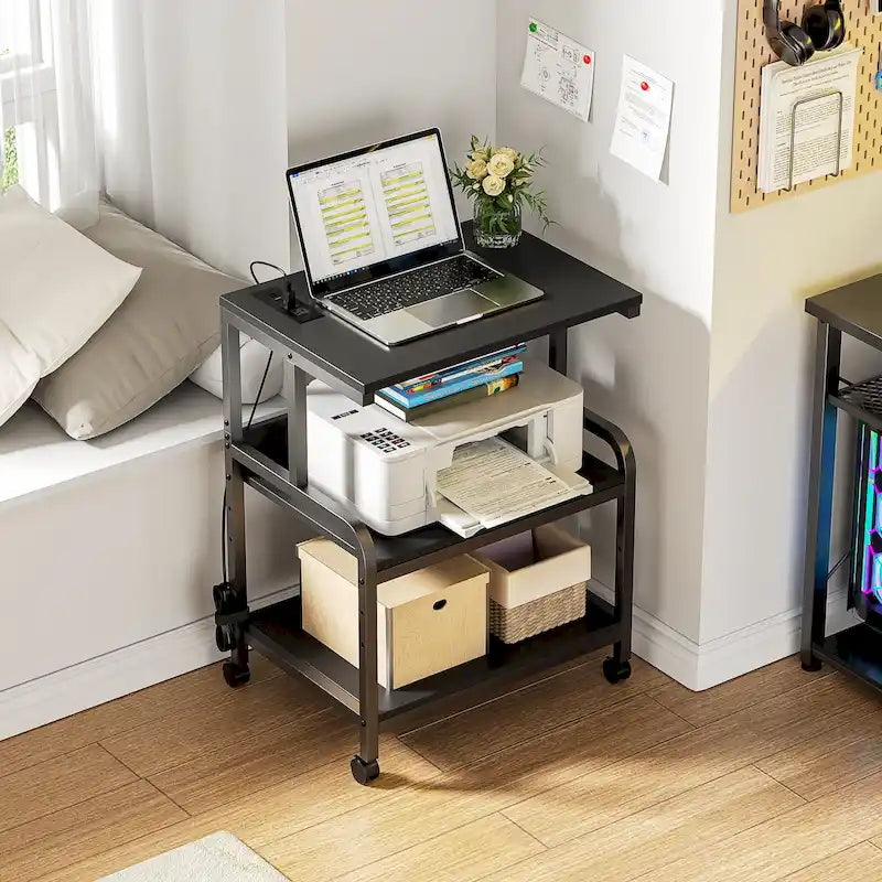 Meuble de Rangement pour Imprimante à 3 Niveaux avec Étagère de Rangement Réglable en Hauteur, Station de Charge et Roulettes